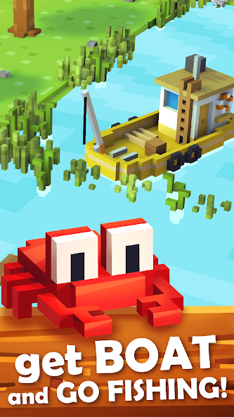 Blocky Farm gameplay showing boat fishing feature